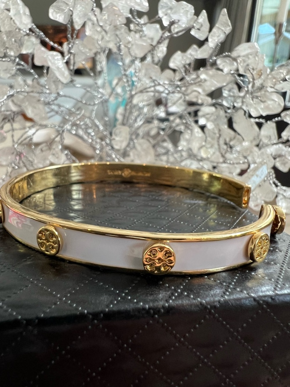 Tory Burch White and Gold Logo Enamel  Bangle Bracelet